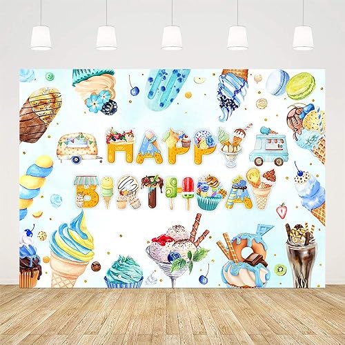Miniatura 2 de Telón de fondo de cumpleaños de helado de 7 x 5 pies para niños y niños, helado de verano, decoraciones de fiesta de feliz cumpleaños, pastel