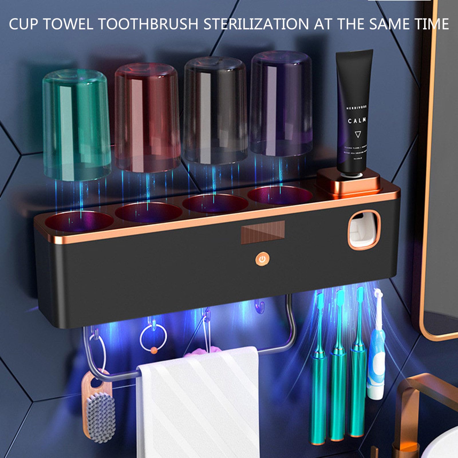 Soporte de cepillo de dientes montado en la pared multifuncional con toallero y dispensador automático de pasta de dientes,3cups