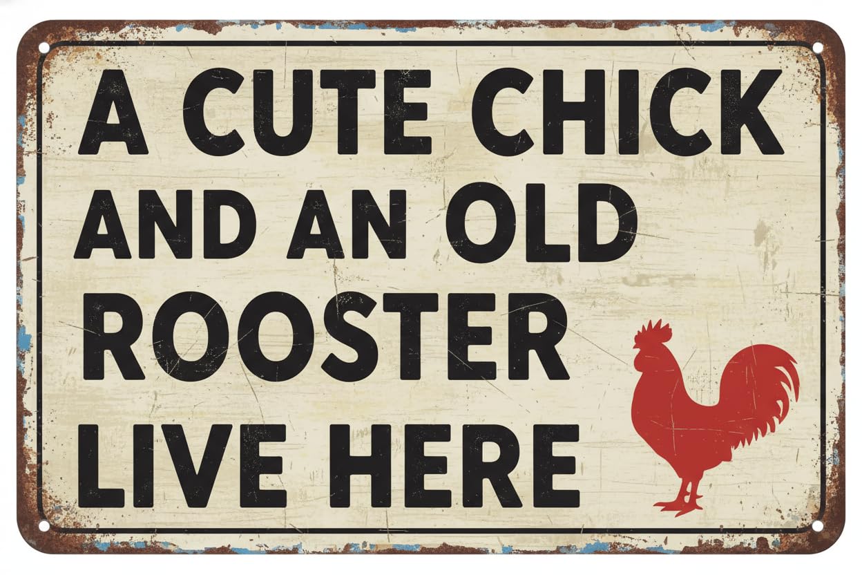 A Cute Chick & An Old Rooster Live Here Rustic Primitive Metal Sign 12"x8" Vintage Signs Aluminum Plates Printed