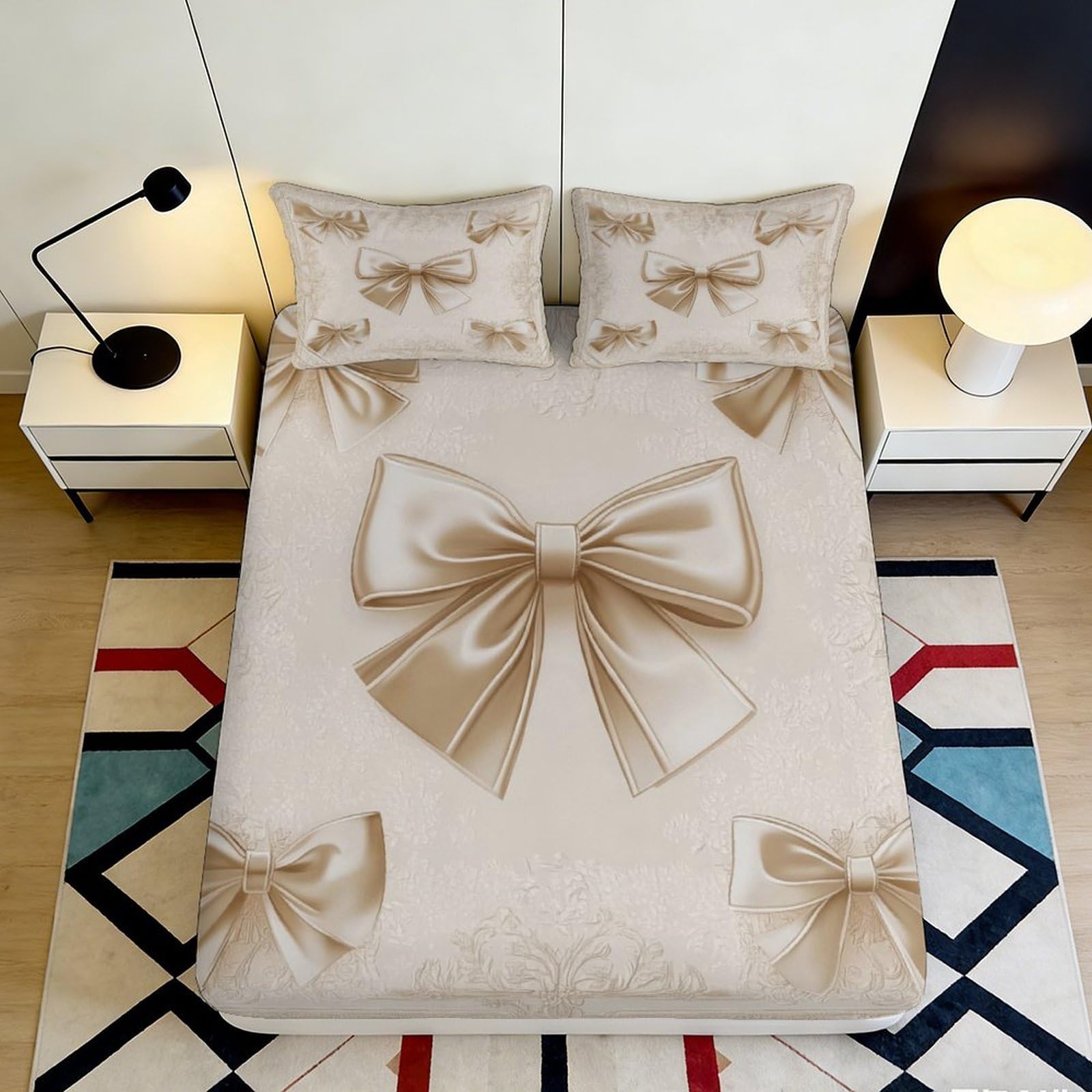 3D Printed Beige Bow Fitted Sheet Microfiber Soft Decorative Ribbon Mattress Cover for Bedroom Guest Room Easy Care 90x200x25cm