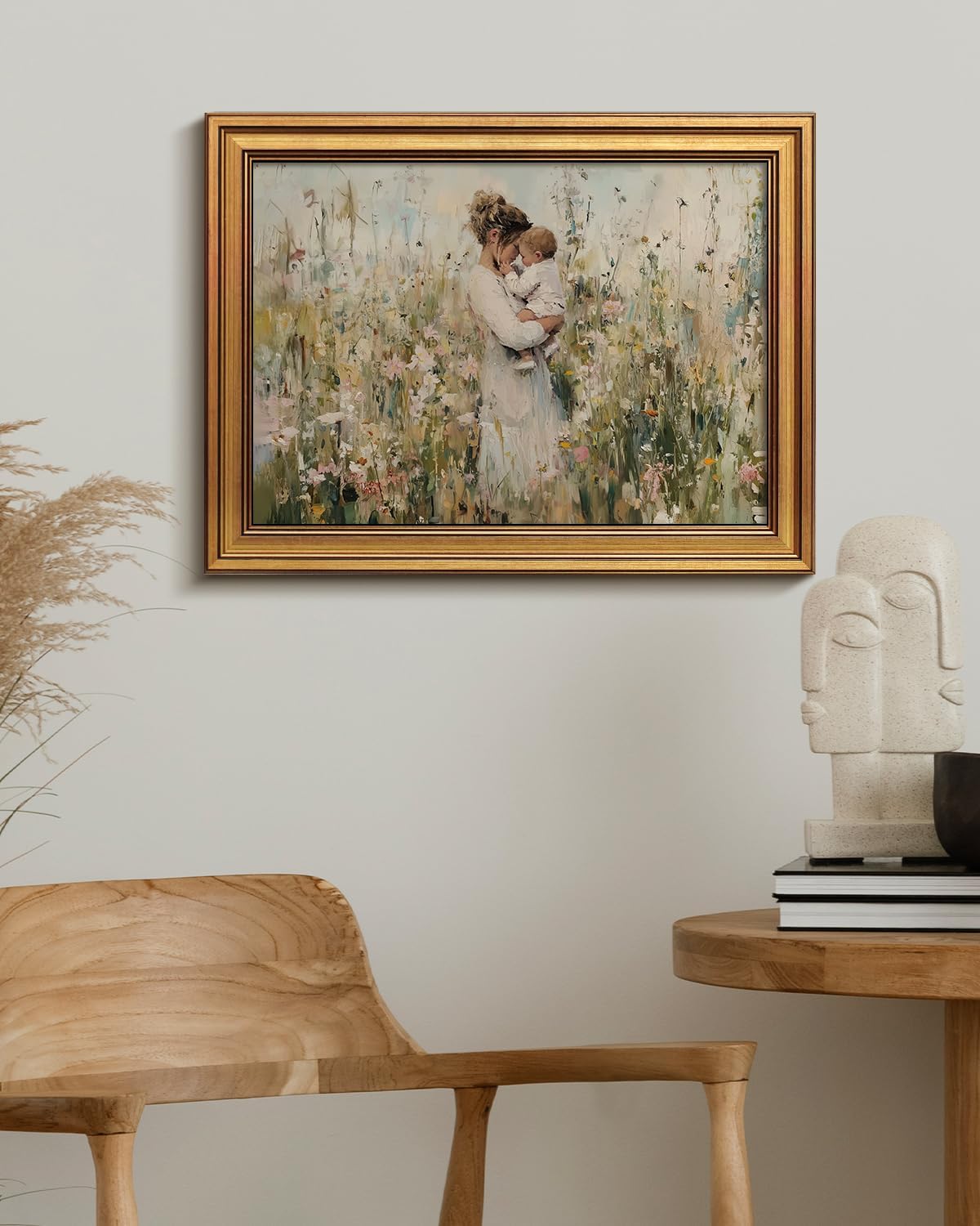 Vintage Gold Frame Mom Holding Baby Canvas Print 12x16 Wall Art, Impressionist Framed Motherhood Oil Painting Artwork, Celebrate Emotional Mother’s Day Gift Nursery Child Room Wall Décor