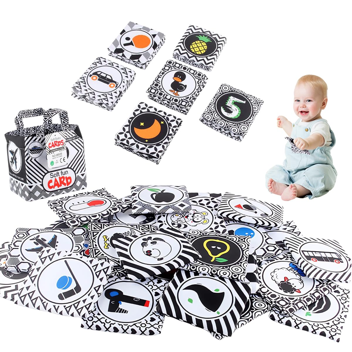 Black and White Cloth Books 24PCS, Soft Baby Activity Crinkle Books, High Contrast Infant Touch Feel Tummy Time Toy , Washable Early Education Stimulation Sensory 0-3 Months Newborn Toddler Toy