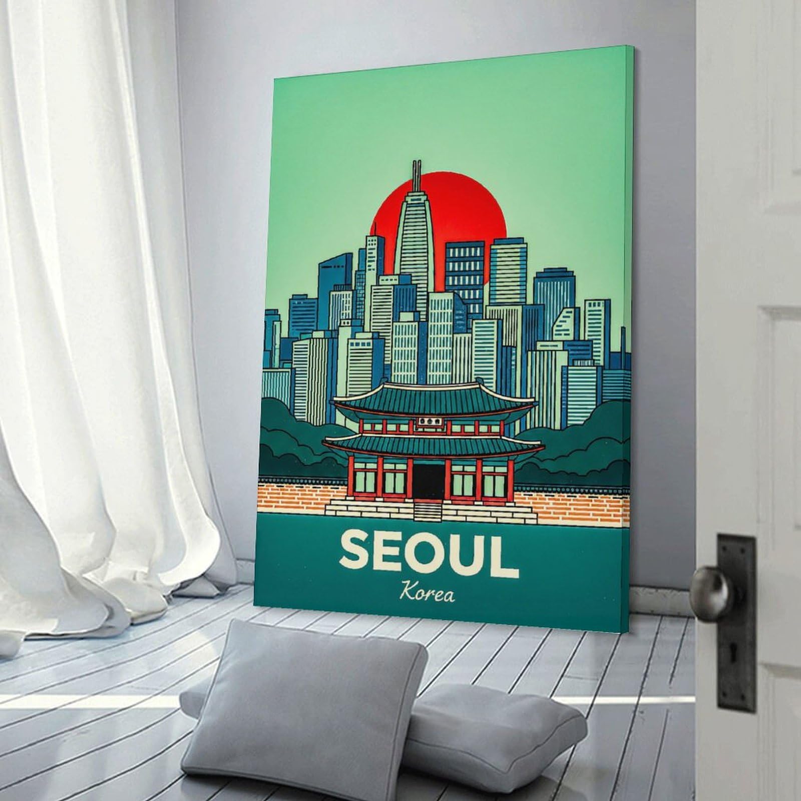 Junmoney Seoul Korea Skyline with Traditional Building Decorative Wall Artwork 24x36inch(60x90cm), for Living Room, Bedroom, Office Or Hallway, Decorative Artwork with Broad Appeal