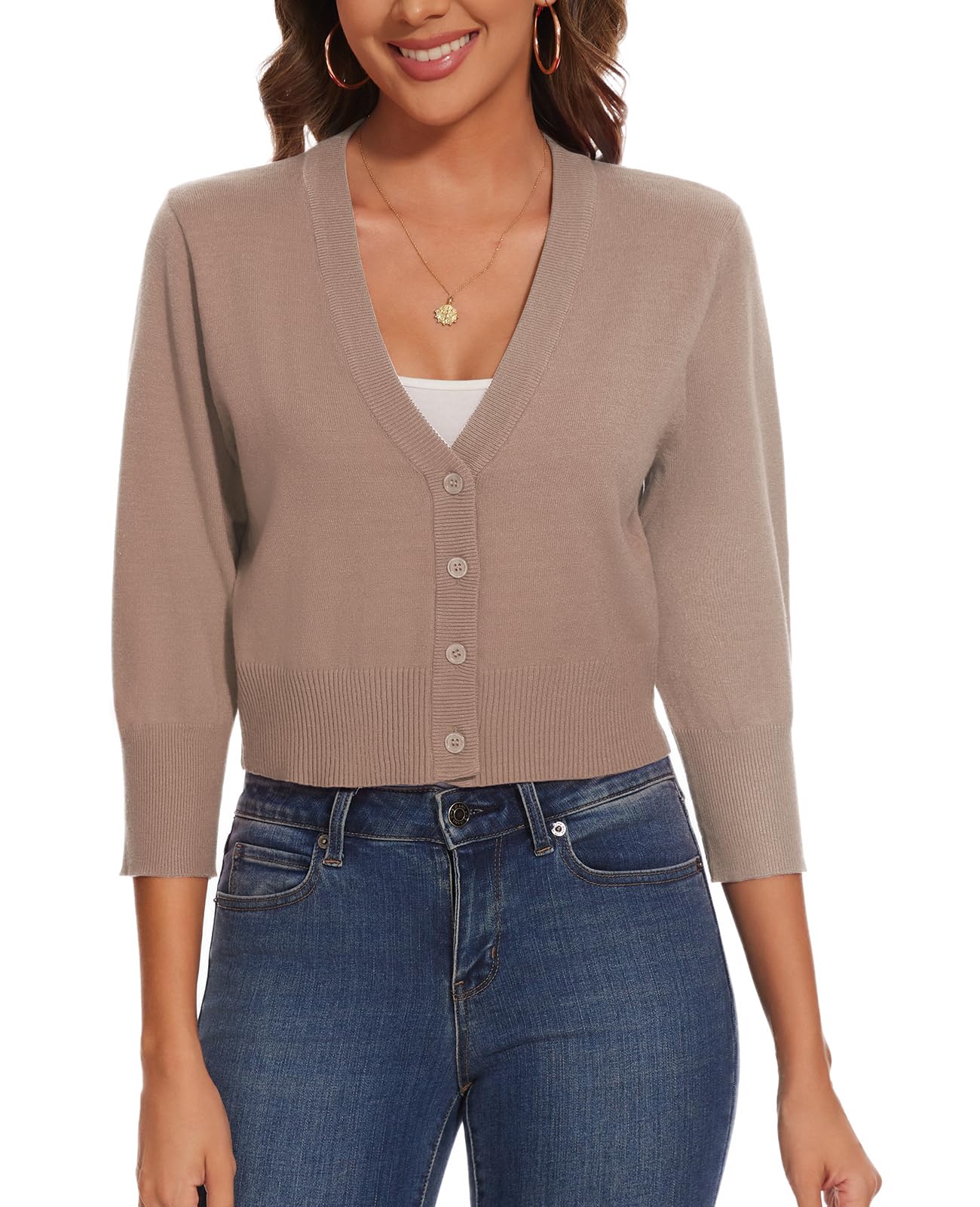 Boléro à manches 3/4 avec boutons pour femme - Pull court en tricot avec quatre boutons - Style vintage