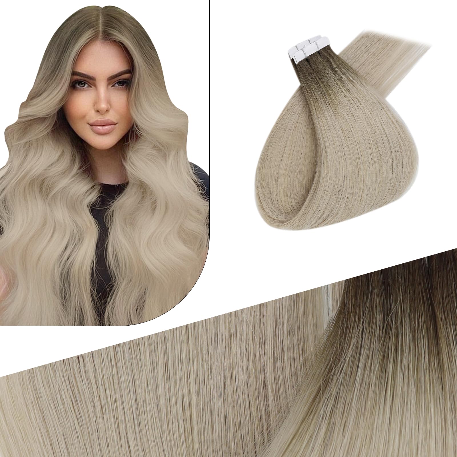 Fshine Extensiones Adhesivas Pelo Natural 20 Pulgadas 50g Cabello Humano Marrón Claro Balayage Rubio Y Marrón Claro Cinta 20Pcs Liso Color 6 60 6 — view 40