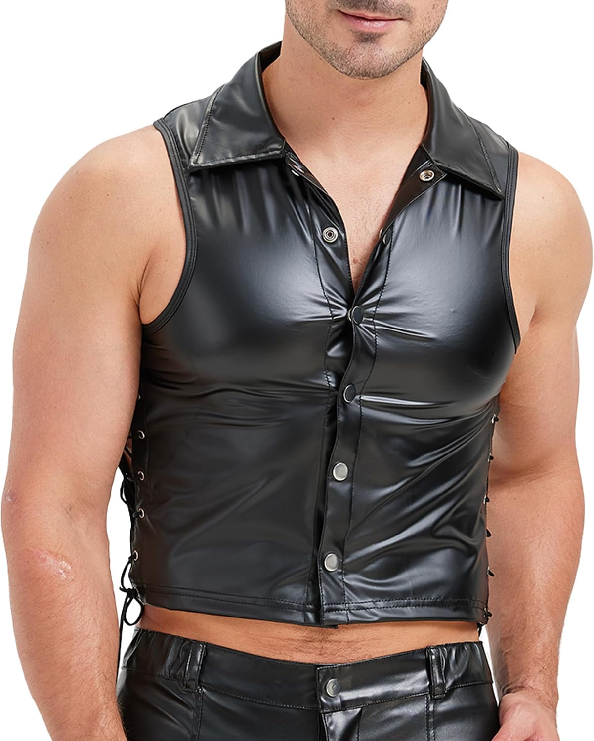 YUFEIDA Men's Faux Leather Undershirts Sleeveless Tank Tops Muscle Fit Waistcoat Tops Fashion Undershirts