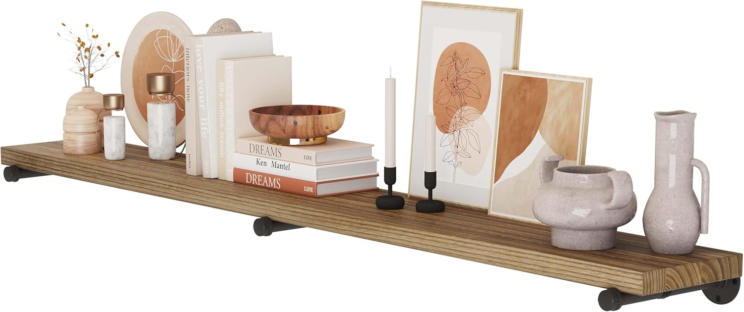 Wallniture Pipe 72" Long Rustic Floating Wall Shelf, Book Shelf for Wall, Industrial Pipe Shelving for Bedroom, Office and Living Room Decor, Burnt Finish, Real Wood