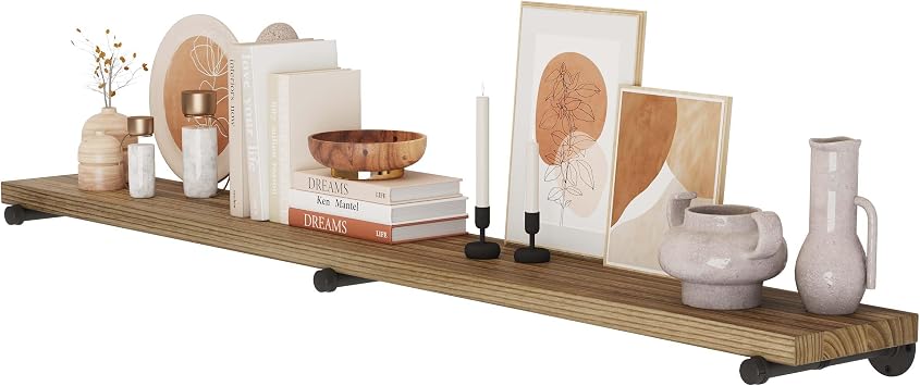 Wallniture Pipe 72" Long Rustic Floating Wall Shelf, Book Shelf for Wall, Industrial Pipe Shelving for Bedroom, Office and Living Room Decor, Burnt Finish, Real Wood