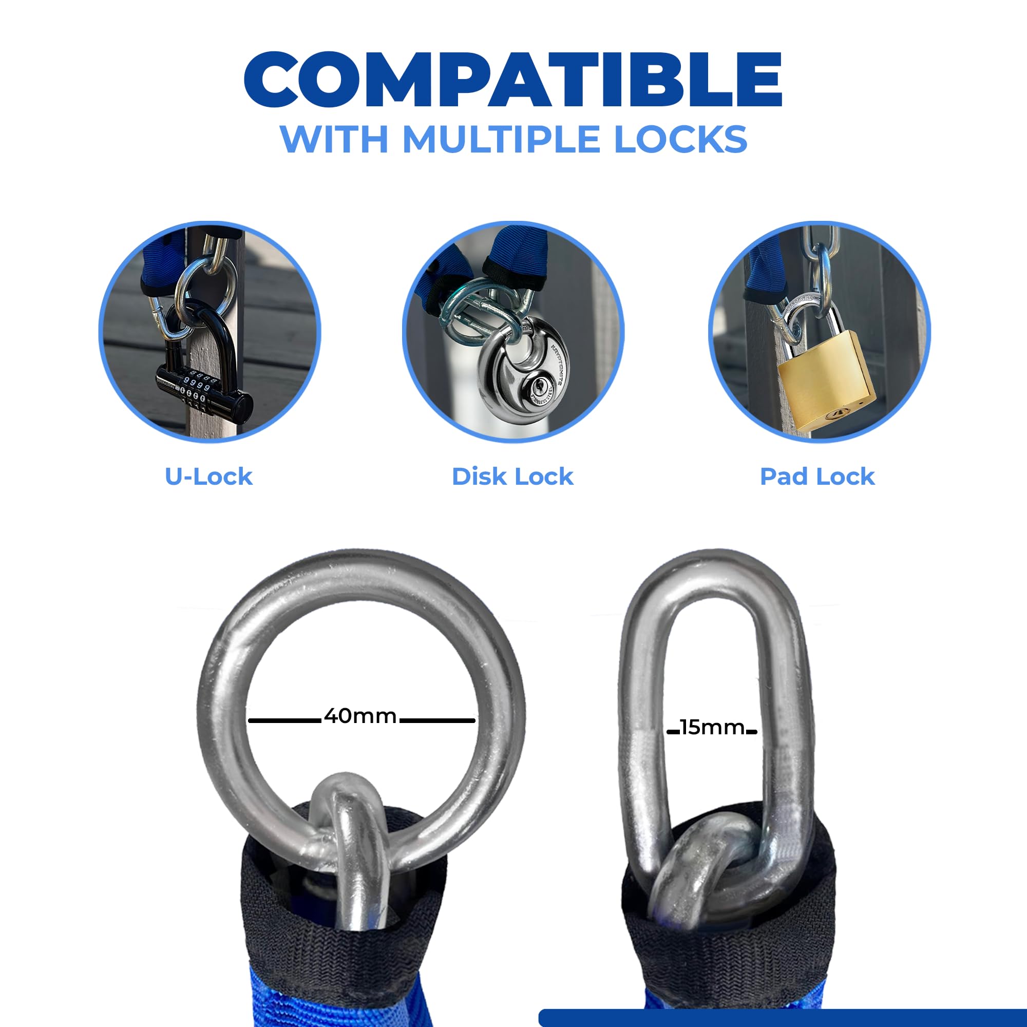 DocksLocks Catena di sicurezza resistente da 8 mm, in lega di acciaio al cromo temprato resistente alle intemperie e ai tagli, per biciclette, moto, scooter, ATV, rimorchi e molto altro
