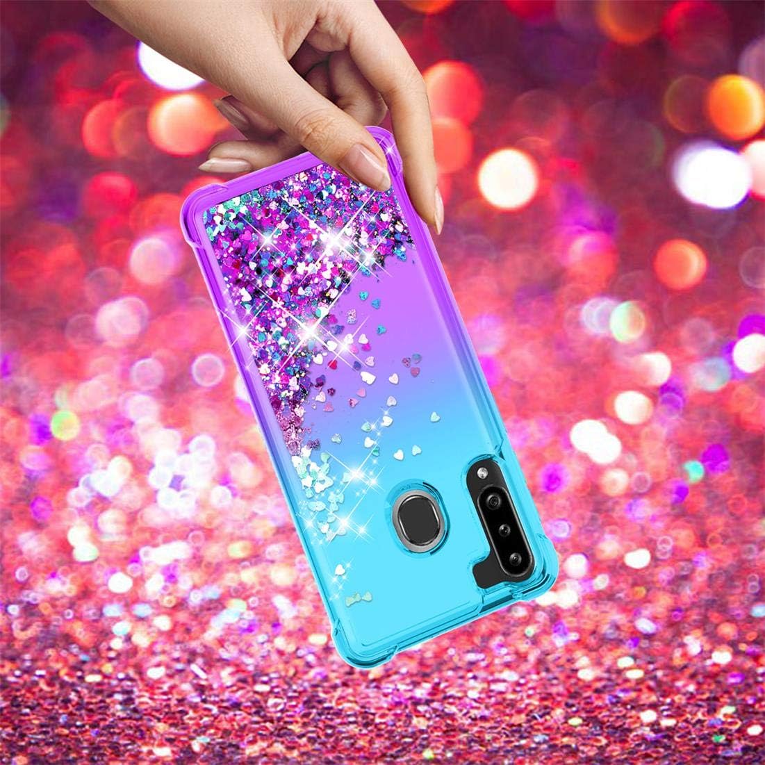 Donse Samsung Galaxy A21 Case W/Soft Film Protector [2 Pack], Glitter Diamond Sparkle Waterfall Quicksand,Bling Bling Shock Absorption Soft TPU Protective Phone Case Cover for Girls Women-Teal/Purple