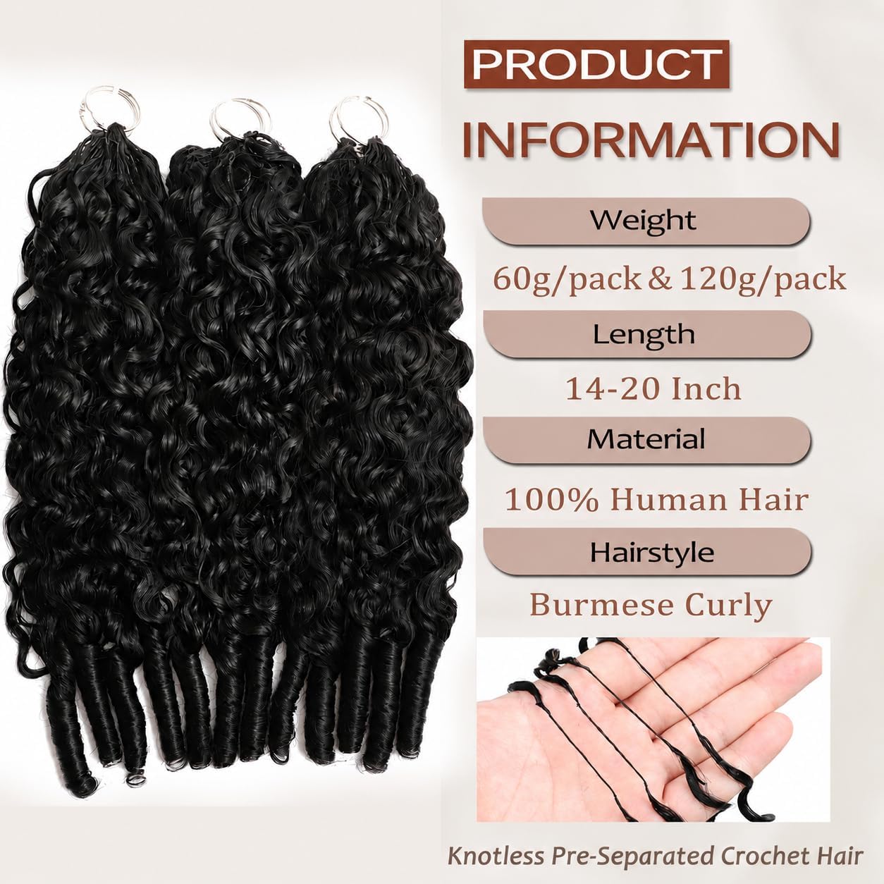 Burmese Curly Crochet Human Hair 40 cm 60 g Feather Crochet Human Hair Pre-Separated Hair Premium Wiederverwendbar Miracle Knots