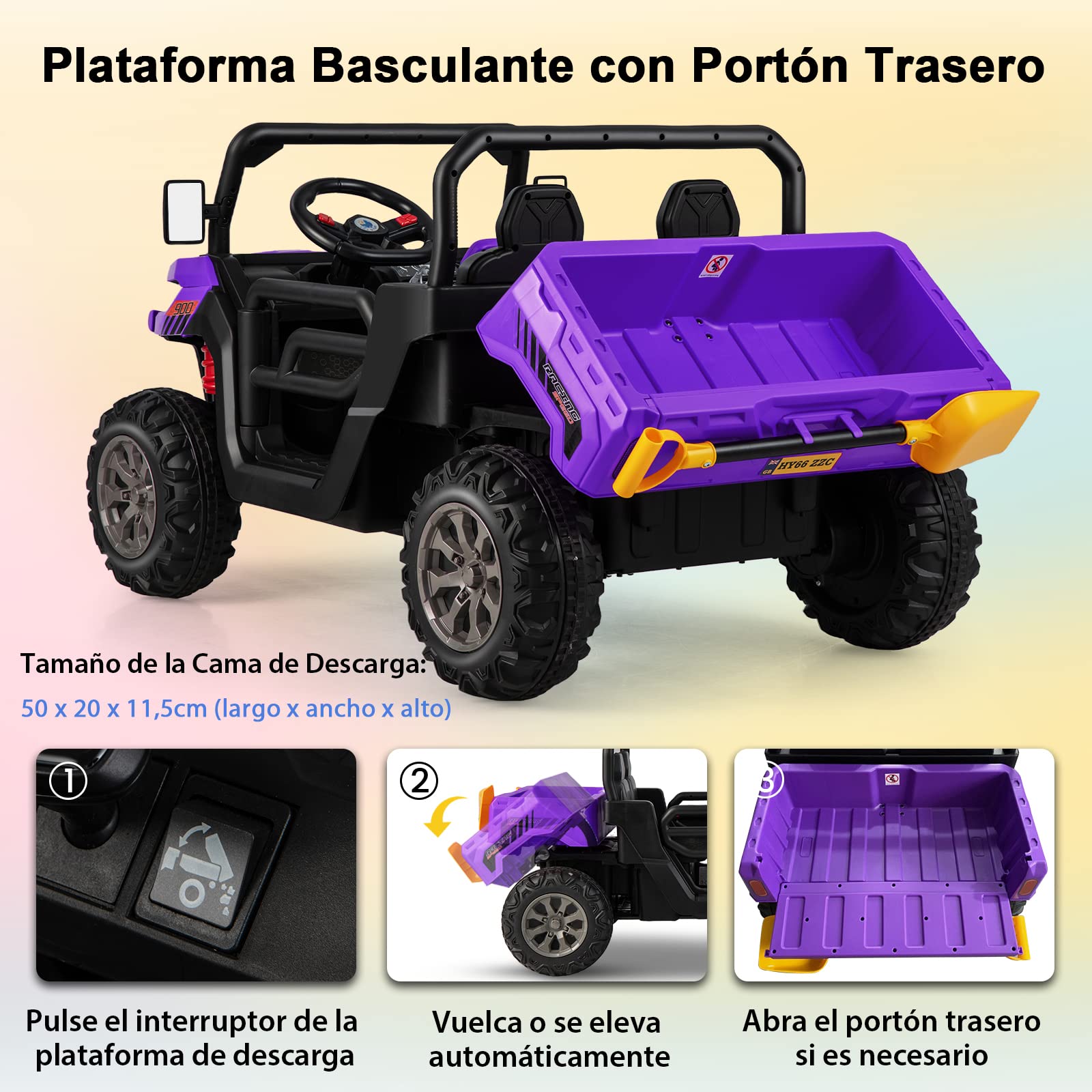 COSTWAY 12V UTV Coche Eléctrico para Niños con 2 Plazas, Vehículo Todoterreno Eléctrico con Volquete, Control Remoto, Música, USB, Vehículo Utilitario para Niños (Morado)