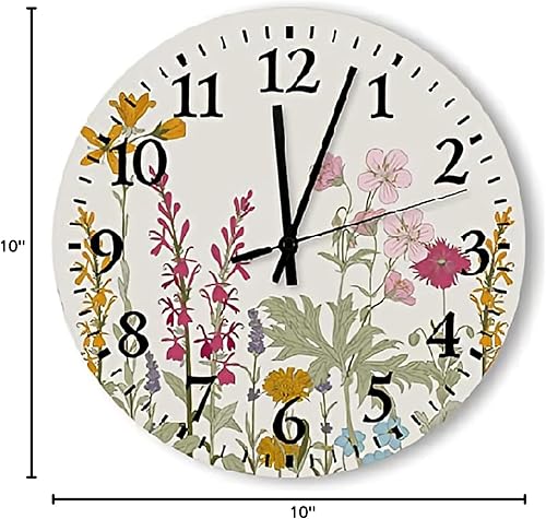 Miniatura 2 de Reloj de pared redondo de madera de granja con flores y plantas silvestres, decoración de pared de 10 pulgadas, funciona con pilas, reloj de pared