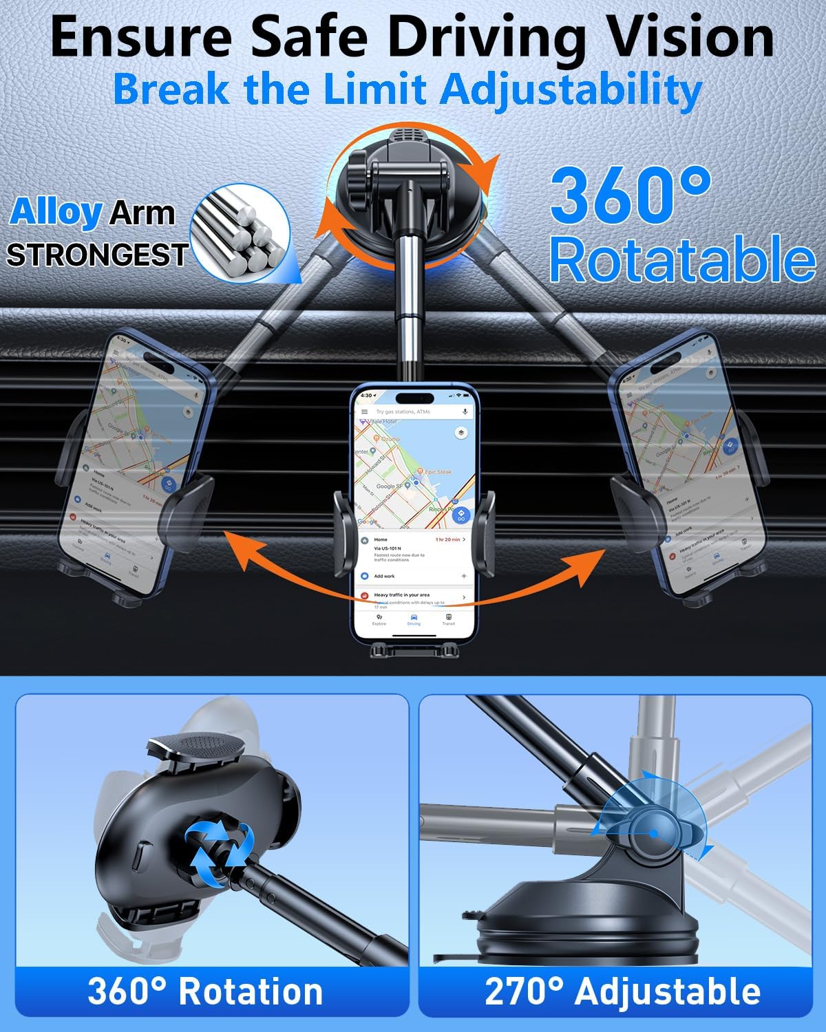 HTU 【Military-Grade Suction】 Cell Phone Holder for Car【Flexible Telescopic Arm】 Car Phone Mount Stand for Dashboard Windshield for iPhone 17 16 Pro Max 15 14 13 12 Samsung Truck Jeep, Black