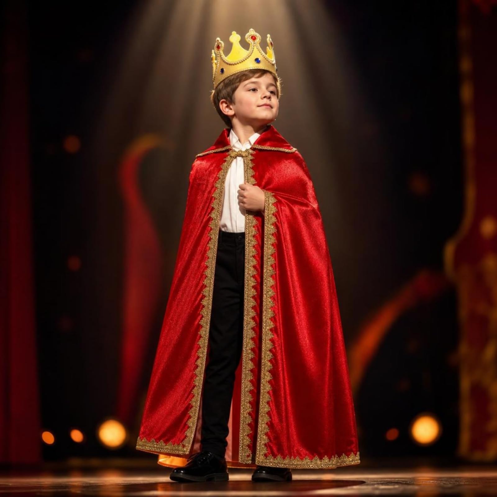 Mantello Bambini Spettacolo Mantello Costume Cappa Coroncina Regale con Bordi Dorati in Poliestere Leggero Apertura Frontale Collo Alto Adatto per