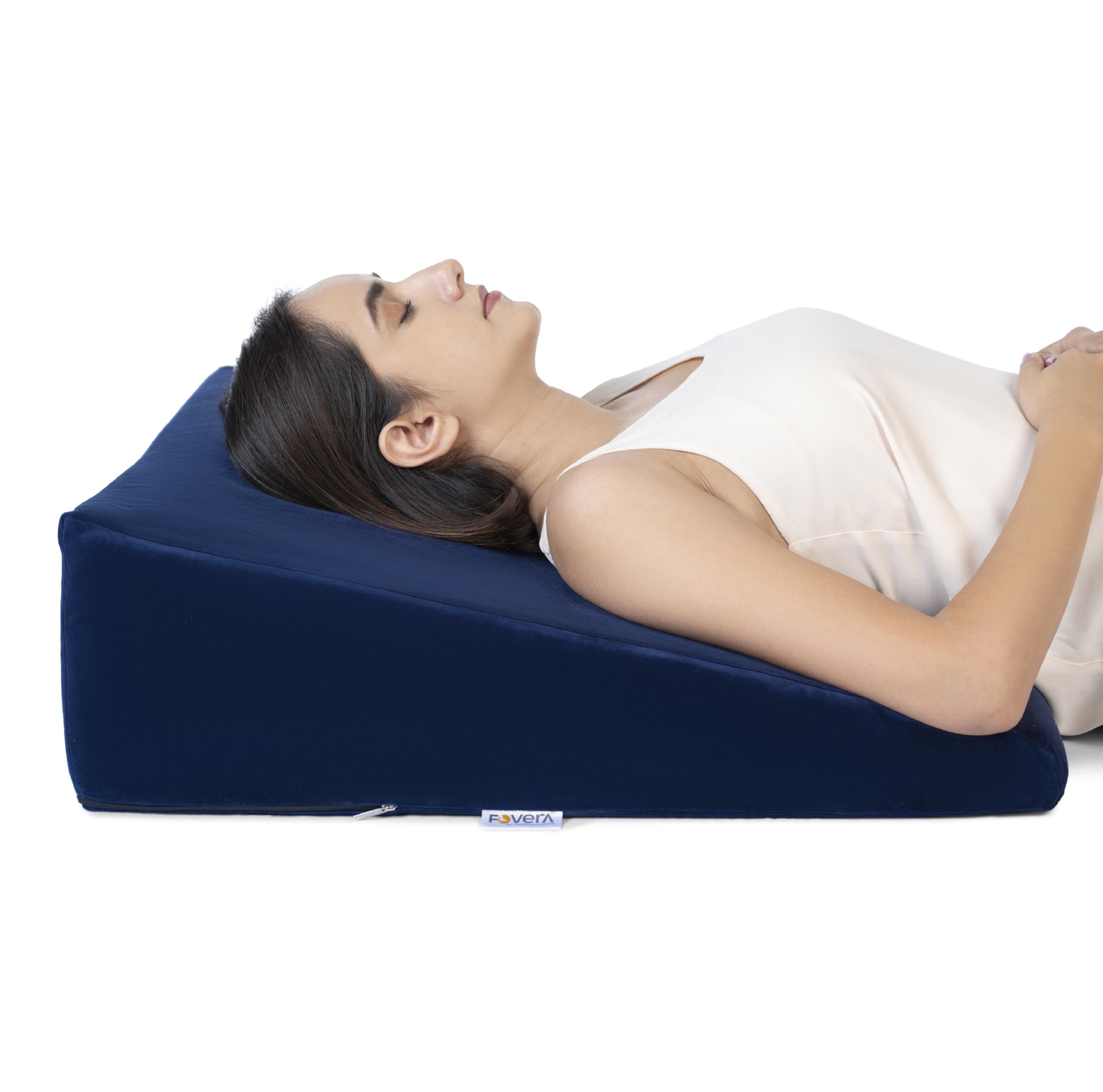 FOVERA Memory Foam Wedge Pillow | 2 Years Warranty | Wedge Cushion for Back Support, Acid Reflux, Snoring, GERD, Leg Elevation, Pregnancy (Velvet Navy Blue, Large 7" Height)
