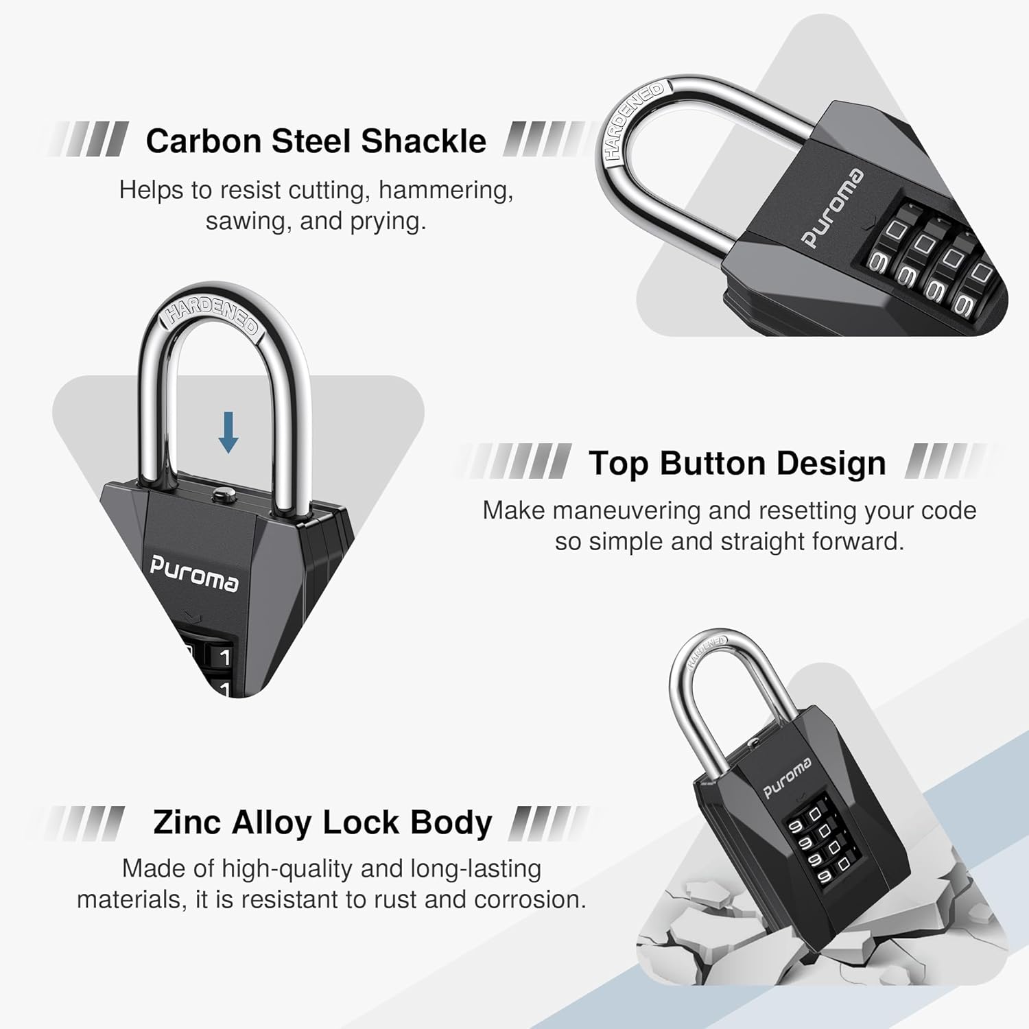 Puroma Gym Locker Lock Combination Padlock Heavy Duty Weatherproof 4 Digit Resettable Code Durable for Sports, Fence, Toolbox, Gate, Case, Hasp Storage