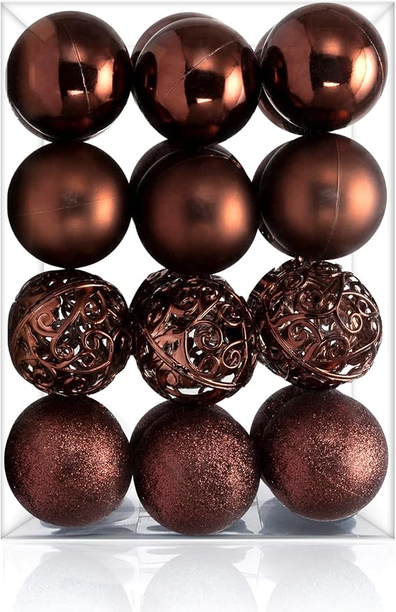 AMS 2.36''/60mm 24ct Christmas Balls Tree Pendants Shatterproof Ornaments Seasonal Decorations for Tree Decor,Holiday,Xmas(Coffee)
