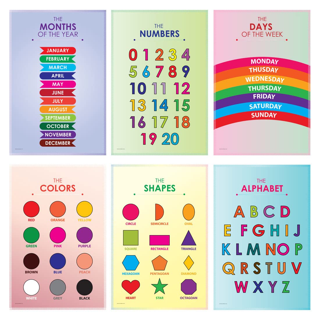 SWASUM Kids Educational Posters for learning Alphabets, Numbers, Shapes, Color, Week days, Month names for Preschool, Playschool Activities Charts, Pack of 06 (18 inch X 12 inch)