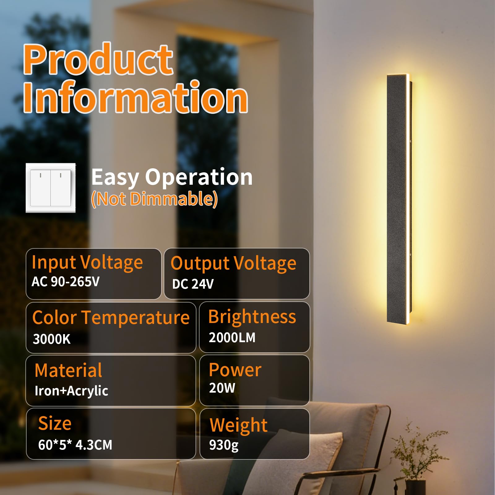 Ketom Applique da Esterno/Interno Moderno Nero, Impermeabile IP65 | Lampada da Parete Esterno LED, Metallo Lineare Lunga Barra LED, per Balcone Giardino Veranda Via, Bianco Caldo 30000K, 60cm