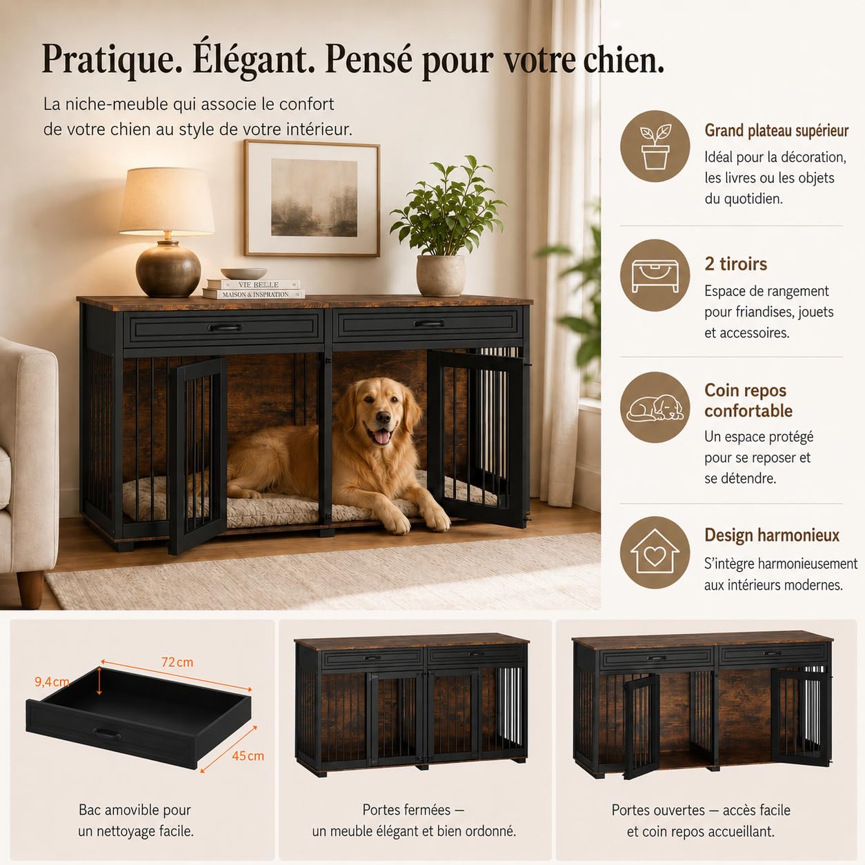 Hundekäfig Schrank XXL, Hundekäfig mit 2 Schubladen und 2 Türen, Hundebox für Zuhause Große/Mittlere Hunde,Beistelltisch, Hundehütte Indoor, Hundehaus für Zuhause, Schwarz, 164 x 60 x 80 cm, Eisen