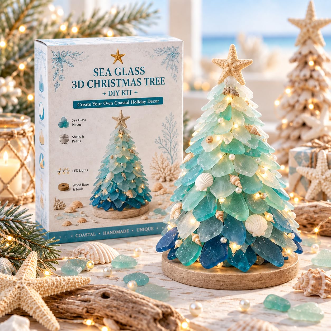 DIY Sea Glass Crafting Kits Christmas Tree with Lights, 3D Handmade Set, F
