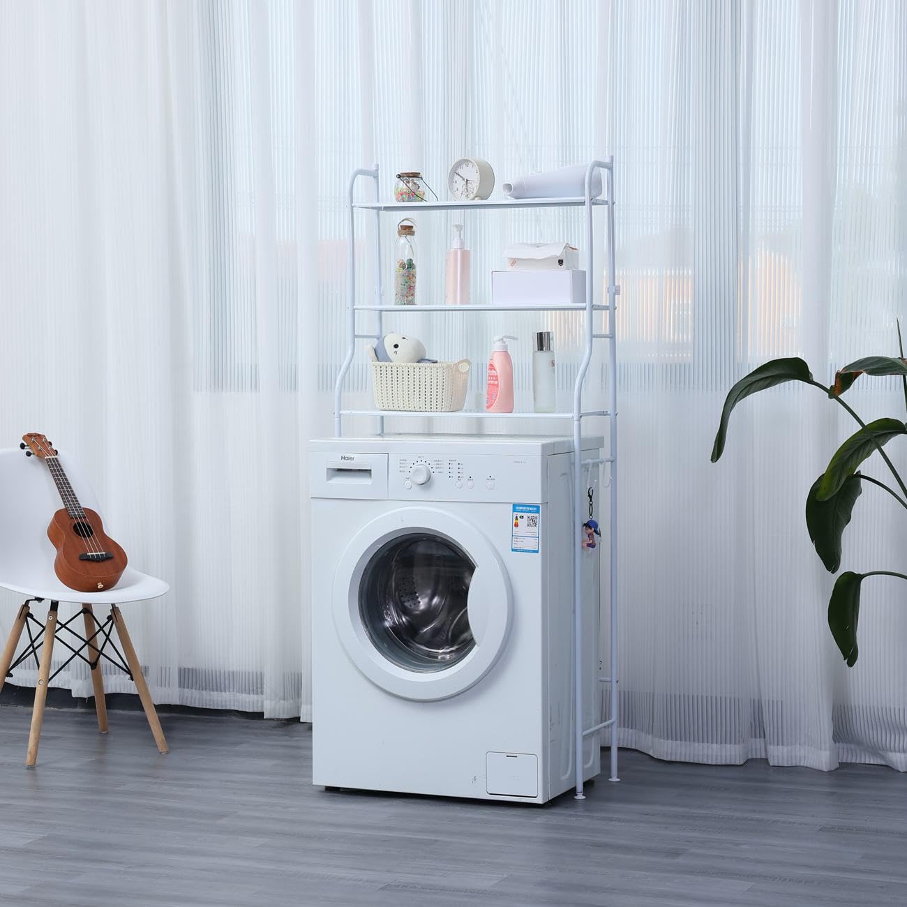 Herzberg HG03282, Ablage 3 Ebenen für Waschmaschine und Badezimmer, Weiß, Einfacher Aufbau, Tragkraft 10 kg pro Ebene, Kohlenstoffstahl, Seitliche Haken, 65x25x122cm.