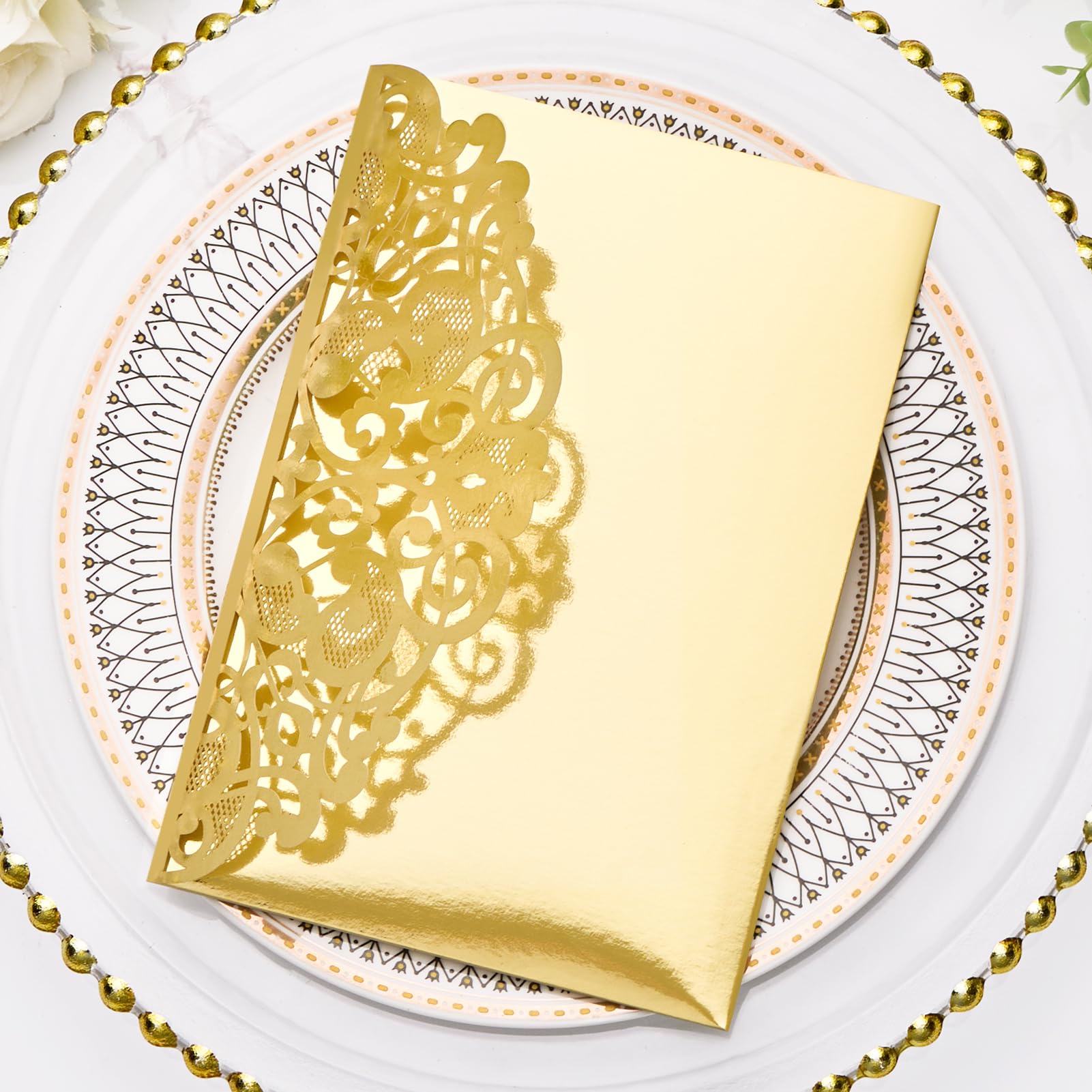 Einladungskarten für Hochzeit, Verlobung, 50. Jahrestag, Geburtstag, Einladungshüllen, goldfarben, für Hochzeit, Verlobung, 50. Hochzeitstag, Party-Einladungen, 50 Sets