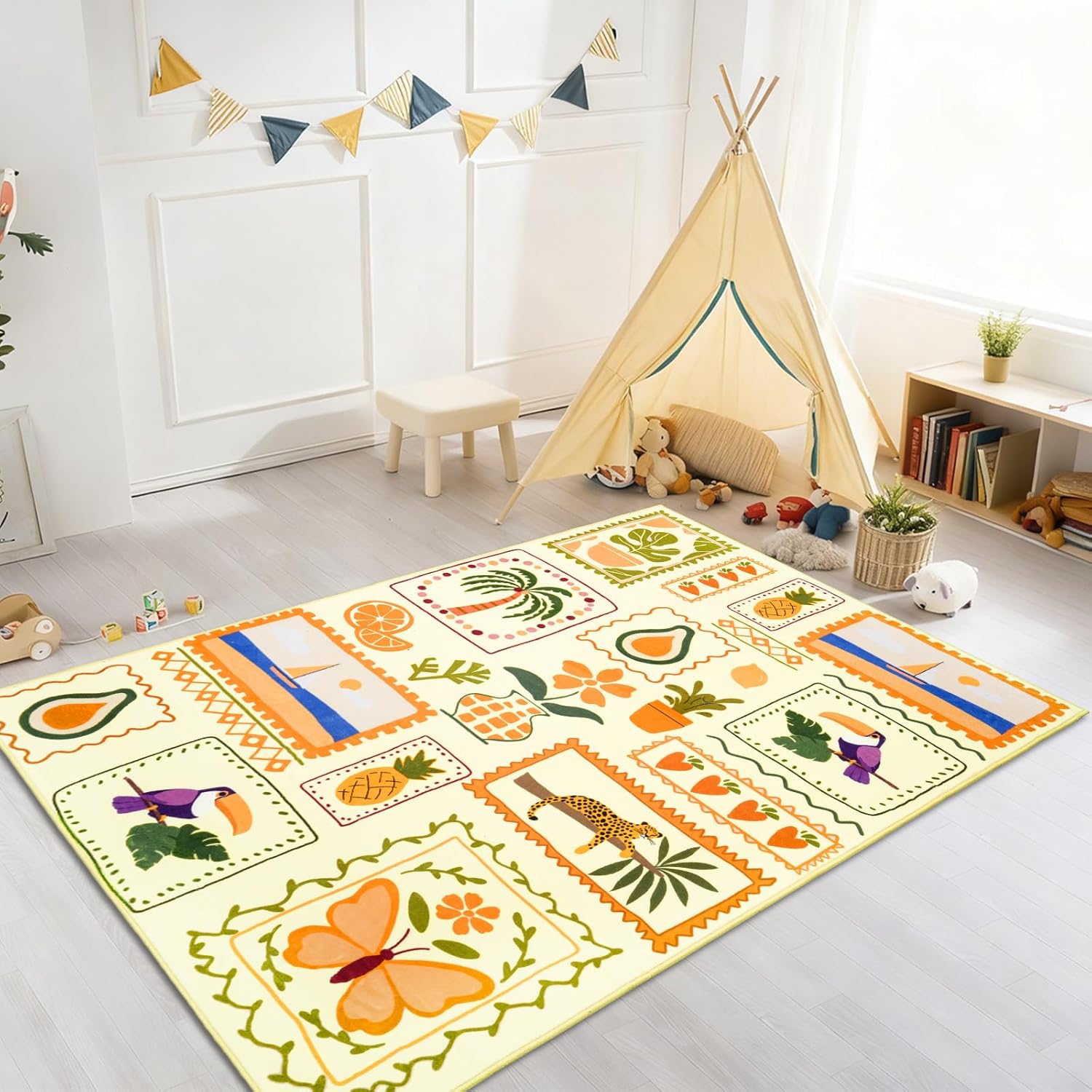 Instellar 8X10 Washable Kids Rug, Soft Low Pile Large Area Rugs with Non-Slip Plant & Animal Pattern Carpet for Nursery Bedroom Playroom Classroom Living Room,Yellow