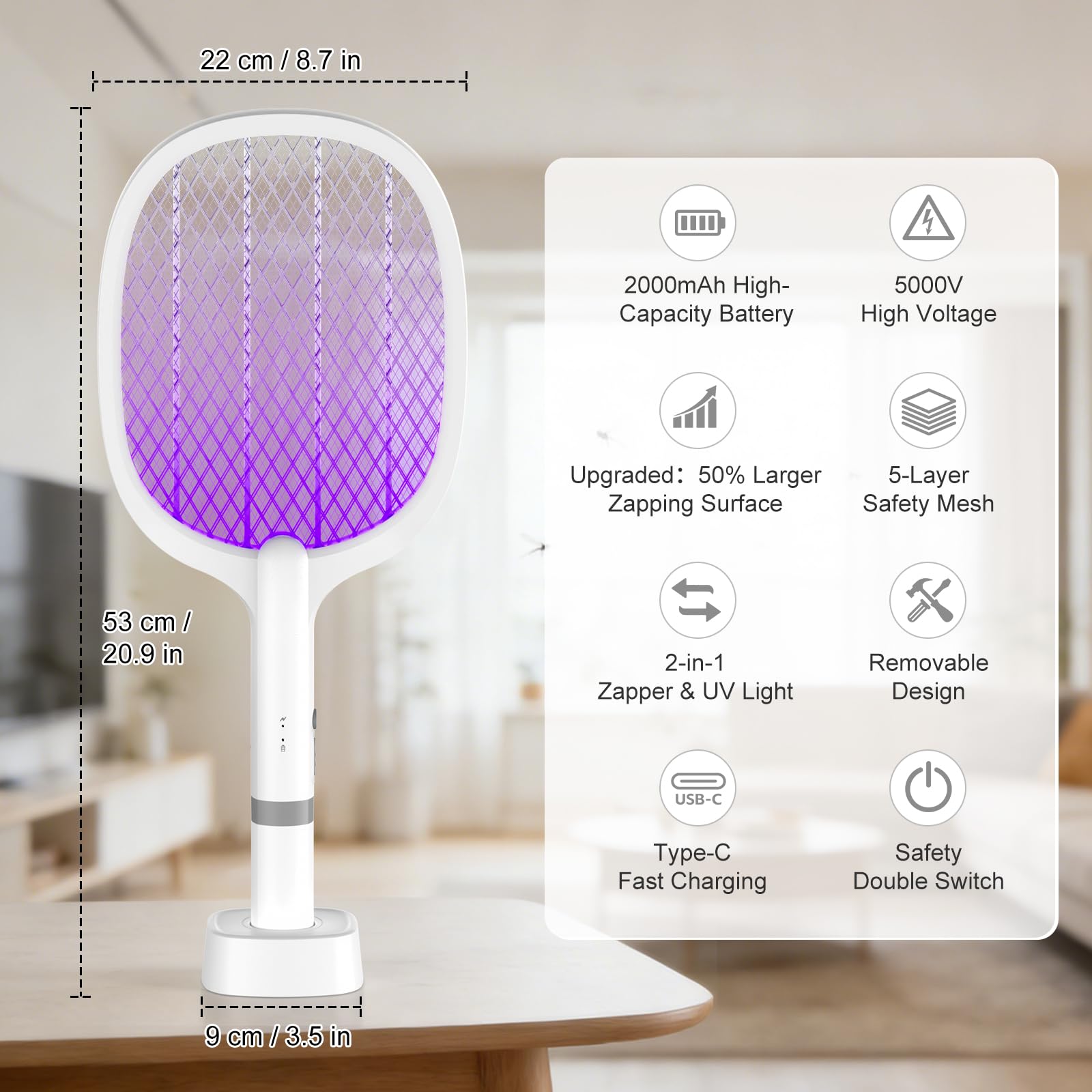 Raqueta Matamoscas Electrica, 2 en 1 5000V Raqueta Mosquitos Eléctrico con Base Recargable, 2 Modos, Protección de Malla de Tres Capas, para Uso en Interiores y al Aire Libre