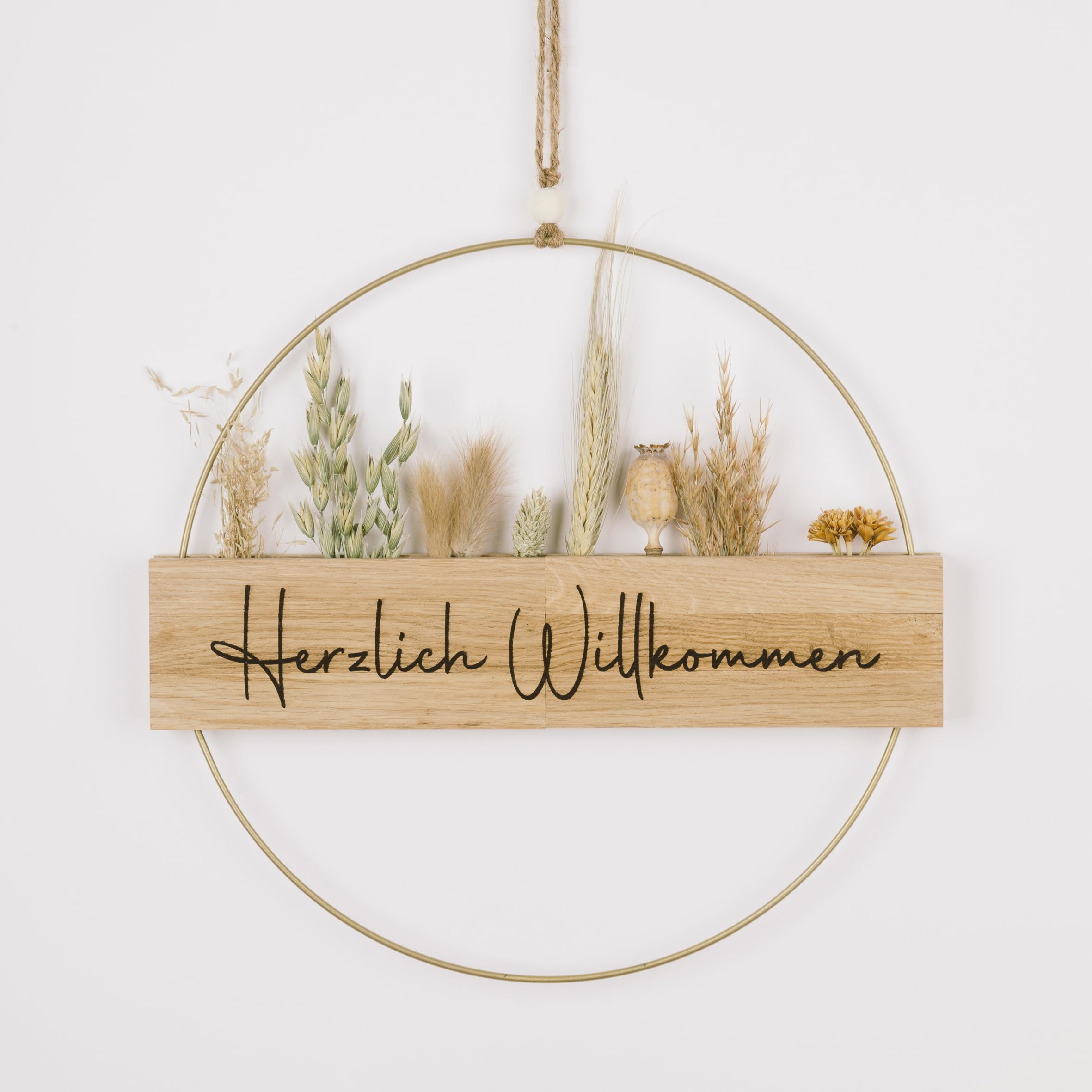 Türkranz Haustür Trockenblumen I Dekokranz ganzjährig I Willkommenskranz mit Herzlich Willkommen graviert I Türdekoration außen & innen I personalisierbar (Trockenblumen Naturtöne, Metallring 30cm)
