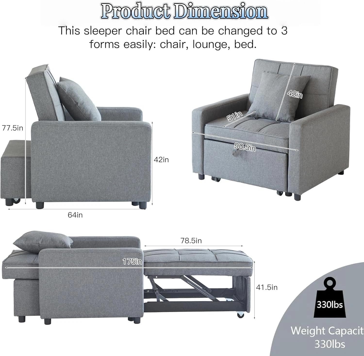 3-in-1 Convertible Sleeper Chair, Pullout Chair with Extra Pillow, Recliner Sofa Bed with 4 Adjustable Angles, Convertible Lazy Sofa Bed for Small Spaces Home Office, Light Gray