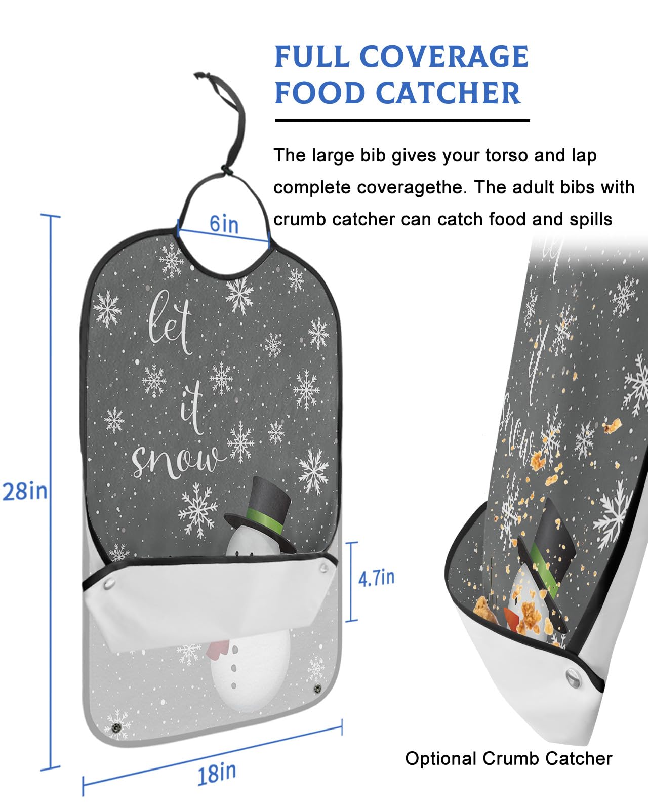 Christmas Snowman Adult Bibs for Eating, Waterproof Bibs with Food Catcher & Adjustable Snap Closure, Winter Snowflake Gray Let Snow Washable Clothing Protectors Adult Bibs for Elderly Women/Men