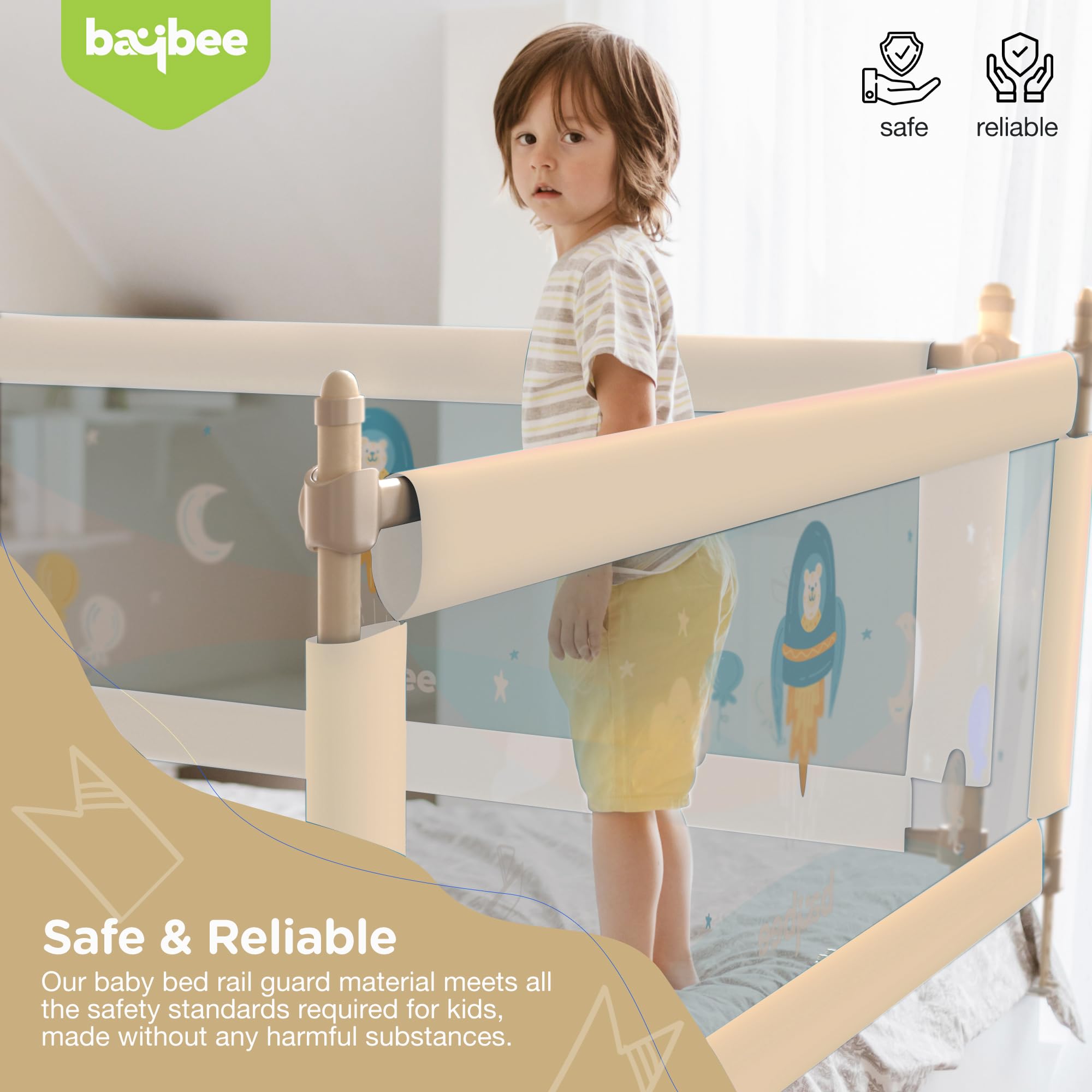 BAYBEE Baby Bed Rail Guard (180x63cm), Bedrail for Baby Toddlers Safety, Portable Kids Bedrail Safeguard Fence with Adjustable Height | Foldable Single Side Bed Protector for Newborn Babies (Beige II)