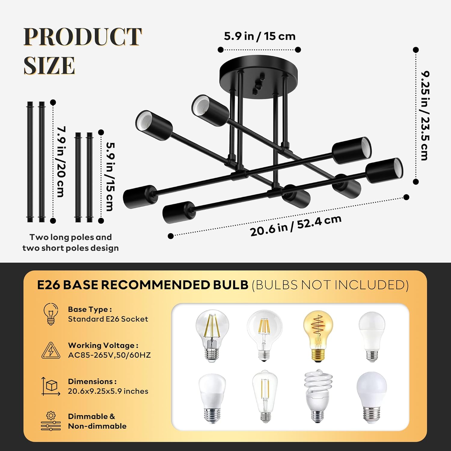 Modern Sputnik Chandelier Ceiling Light Fixtures, 5.9" Ceiling Canopy, 8-Lights Mid Century Industrial Metal Semi Flush Mount for Dining Room, Bedroom, Living Room-Black