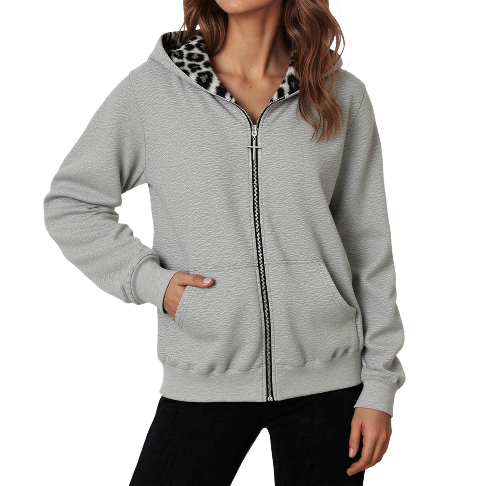 Sudadera reversible con cremallera y forro polar, cálida e informal, con cuello redondo y estampado de leopardo, para invierno, cuello alto, de algodón, fácil de lavar, con bolsillo lateral y térmica