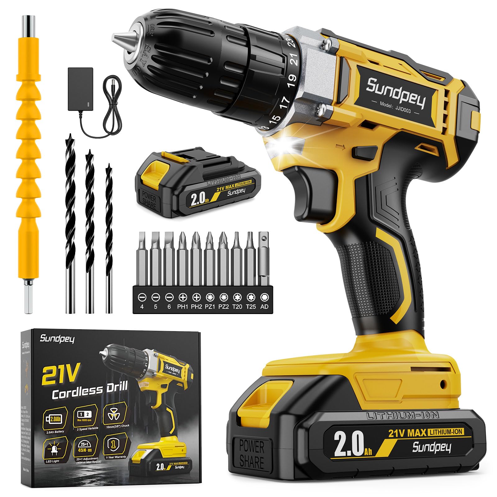 Destornillador inalámbrico con batería de 2000 mAh, 21 V, 45 Nm, taladro inalámbrico con 2 marchas, 25 + 1 niveles de par de giro, portabrocas de 10 mm, luz LED para reparación y bricolaje