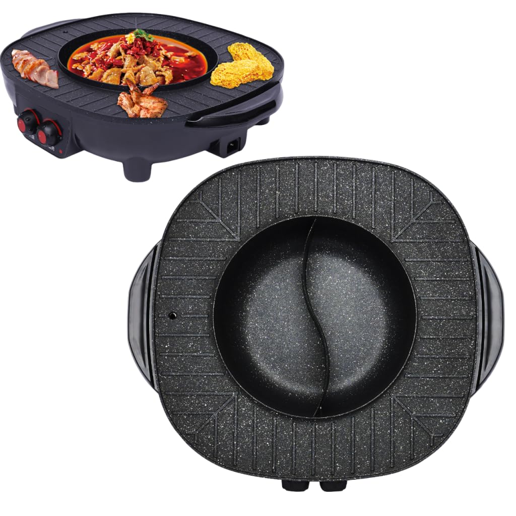 Pot de Fondue Party Food et Gril de Table Électrique Hot Pot et Gril Électrique 2 en 1 - Gril BBQ Coréen Électrique d'Indoor - Barbecue - Fondue - Raclette Pour 5-6 Personnes - 220V - 2000W