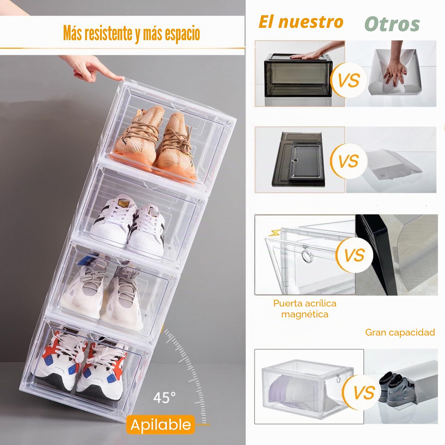 Attelite Caja de zapatos de plástico con puerta transparente, juego de 6, apilable, para tenis de exhibición, fácil montaje, se adapta hasta la talla 12 de EE. UU. (13.4 x 10.6 x 7.4 pulgadas)