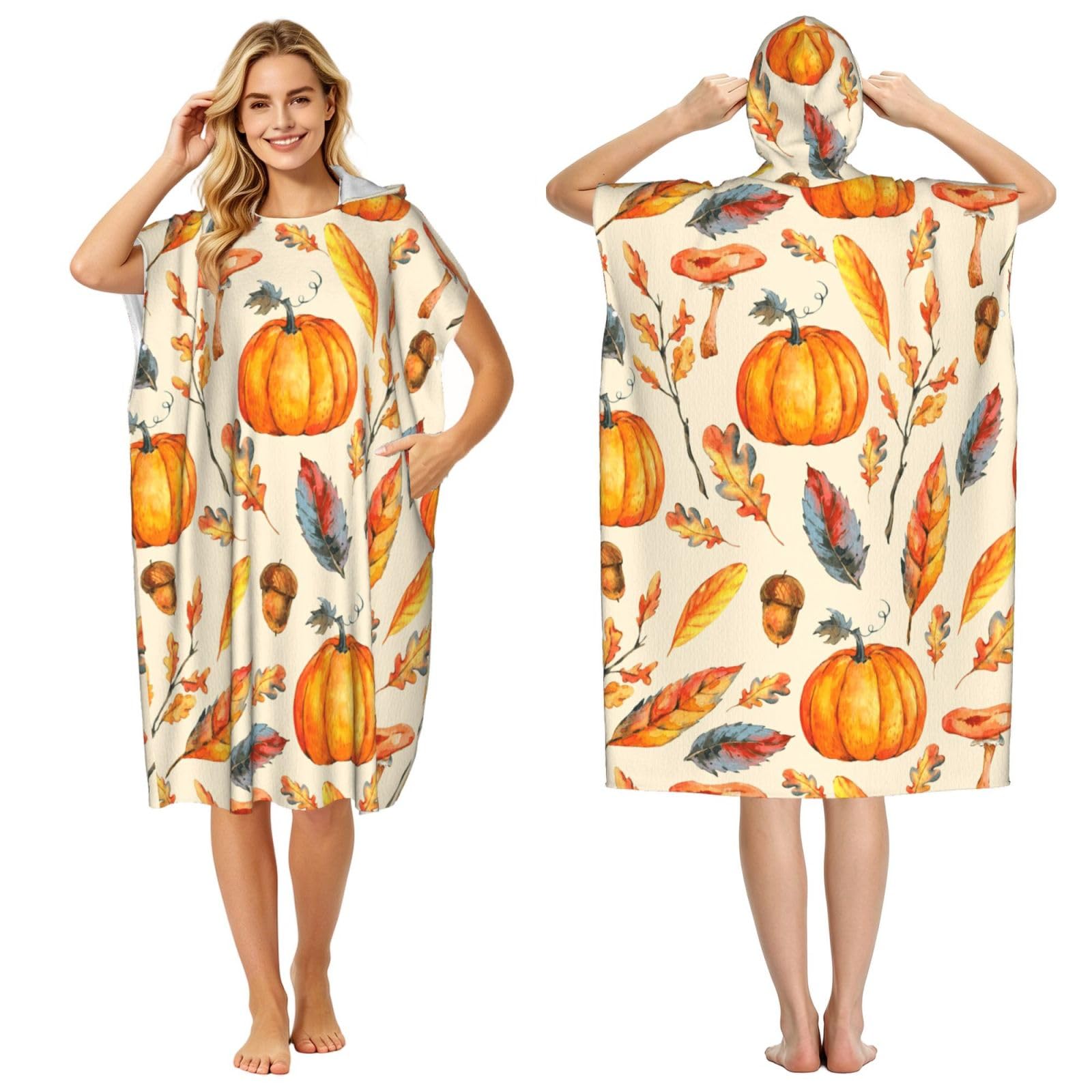 Poadnly Watercolor Pumpkins Leaves Mushrooms, Adult Hooded Beach Towel 90 x 110 cm,Changing Bath Robe, Surf Poncho Towel For Women Men