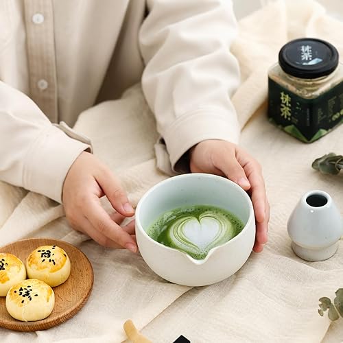 Miniatura 8 de Juego de té japonés, incluye cuenco de matcha con boquilla, soporte para batidor de matcha (chasen), 15.2 onzas hechas a mano de cerámica gruesa