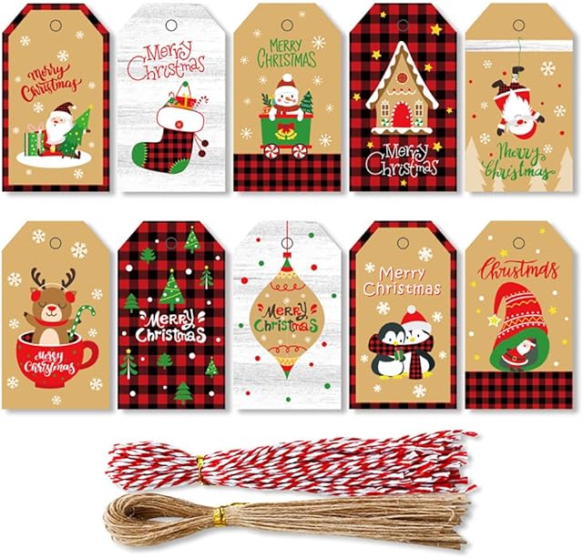 100pcs 10 Design Christmas Gift Tags, Christmas Labels with Jute String and Cotton String Christmas Tags for Presents Wrapping Christmas Tree Decoration DIY Craft