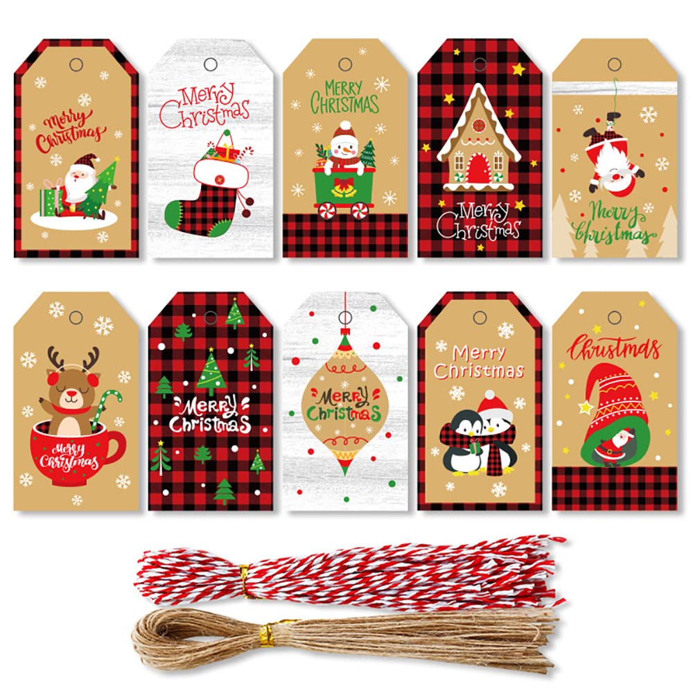 100 Etichette Regalo Natalizie – 6 Forme, 10 Motivi, Carta Kraft Marrone Con Corda Colorata
