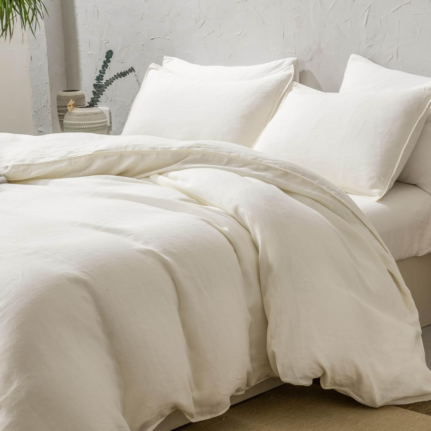 meadow park Washed Linen Cotton Duvet Cover Set Queen Size 3 pcs, 55% French Linen 45% Cotton, Linen Blend Duvet Cover 90“ x 92" with 2 Pllow Shams 20" x 26", Stone Washed Fabric, Beige Color