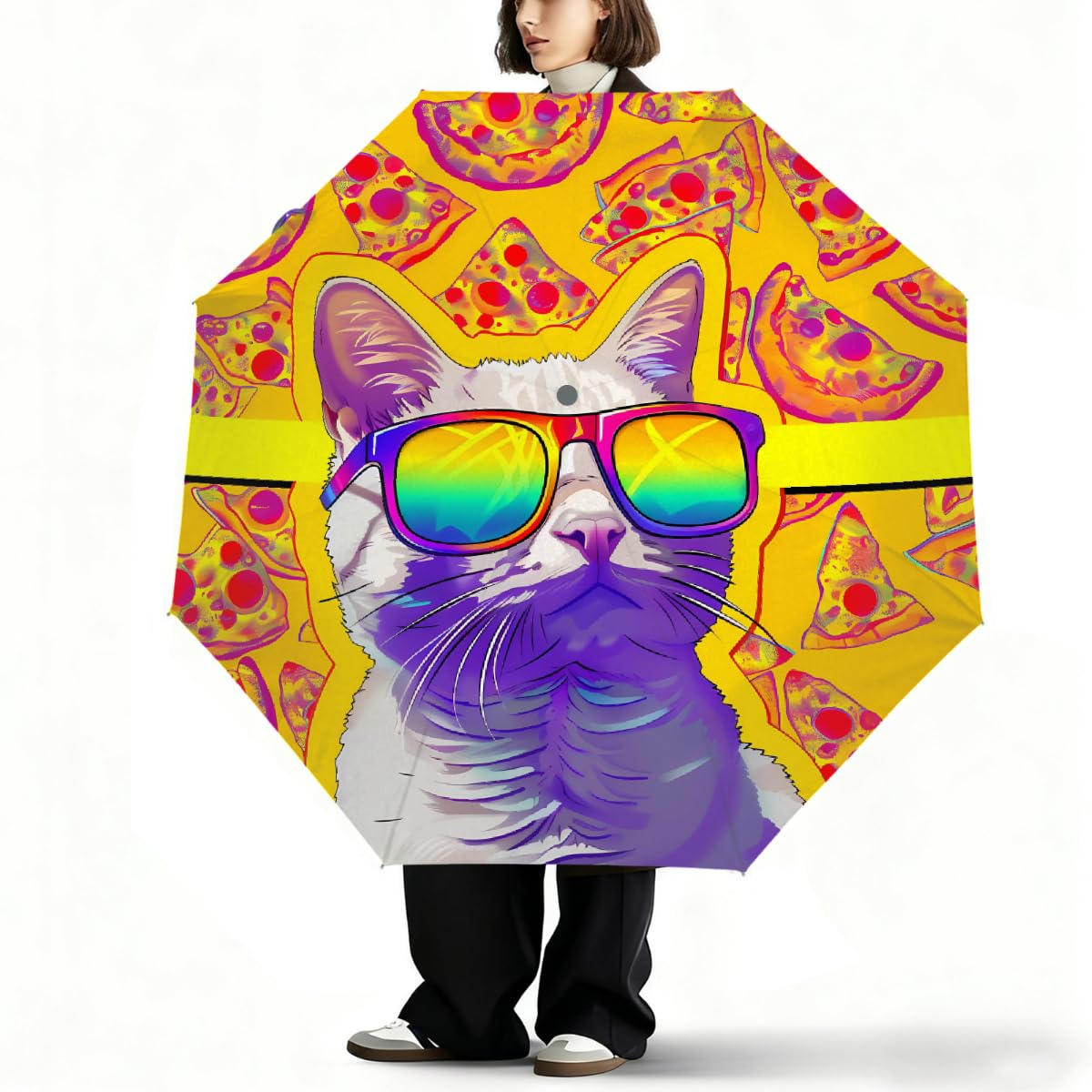 Ombrello pieghevole da viaggio con motivo pizza, con gatto, compatto, antivento, impermeabile, con protezione UV, rivestimento nero, leggero, 8 costine, portatile, per pioggia e sole