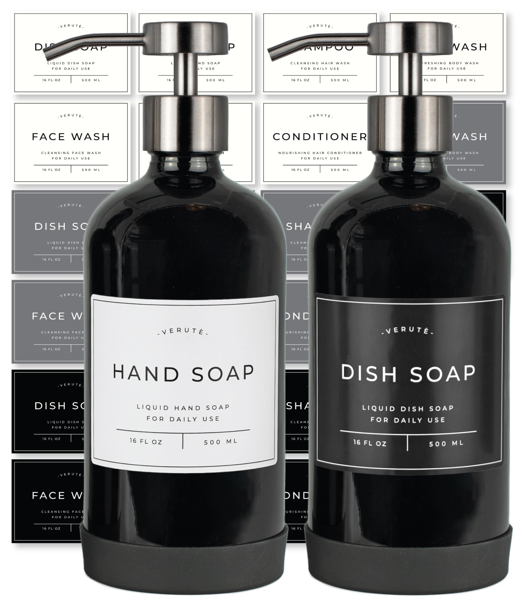 16oz Glass Soap Dispenser with Stainless Steel Pump, 21 Waterproof Labels, Non-Slip Protective Silicone Pad, Set of 2 for Bathroom & Kitchen (Gloss Black Bottle/Brushed Silver Pump)