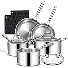 3 Ply Stainless Steel Cookware Set, AIVIKI 10-Pieces Pots and Pans Set, Induction Kitchen Cookware Set, Oven Safe to 500℉, Chef Quality Cooking Set w/Fry Pans, Saucepans, Dutch Oven, Kitchen Essential