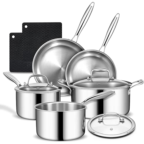 3 Ply Stainless Steel Cookware Set, AIVIKI 10-Pieces Pots and Pans Set, Induction Kitchen Cookware Set, Oven Safe to 500℉, Chef Quality Cooking Set w/Fry Pans, Saucepans, Dutch Oven, Kitchen Essential