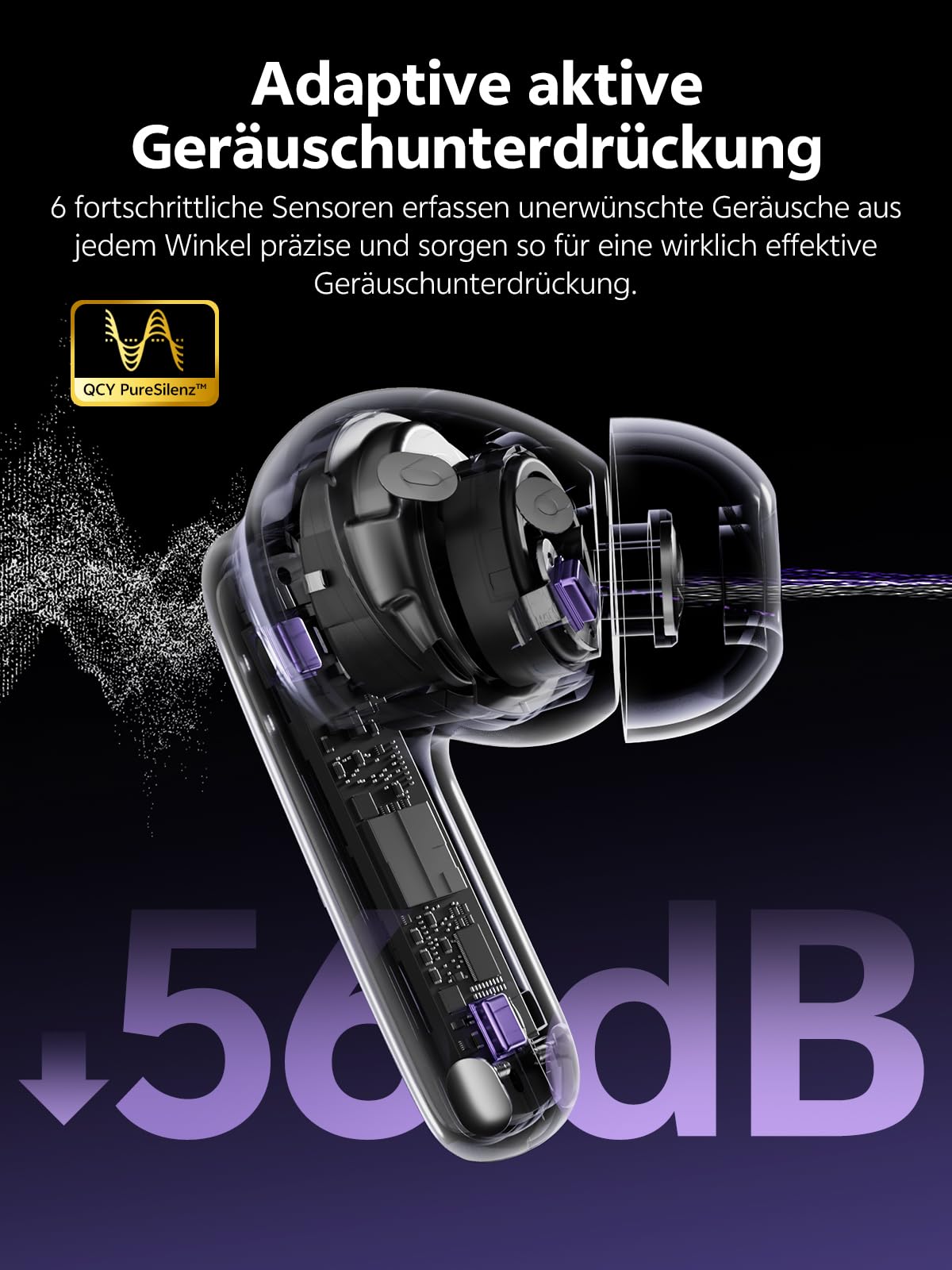 QCY MeloBuds N70 Kabellose In-Ear Kopfhörer | ANC 56dB, LDAC, Hi-Res, 6 Mikrofone, 50h Akku, Kabelloses Laden, IPX5, Bluetooth 5.3, Violett