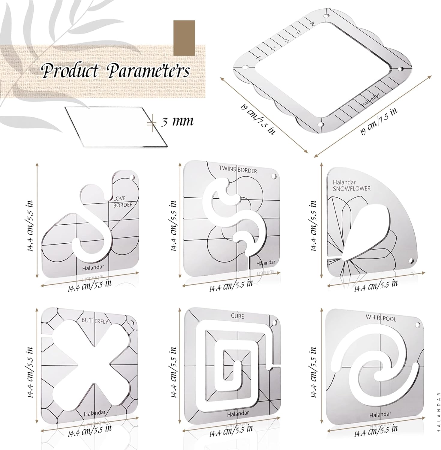 6 Pcs Free Motion Quilting Template Series with 1 Quilting Frame 1 Ruler Foot 15 Non-Slip Mats 1 Instruction, 3mm Acrylic Templates for DIY Quilting Tool on Sewing Machine Ruler